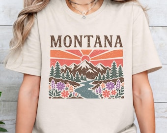 Retro Floral Montana Mountain Shirt, Colorful Montana Wildflower Rocky Mountains Boho National Parks Tee For Her, Hiking Montana Girl Tee