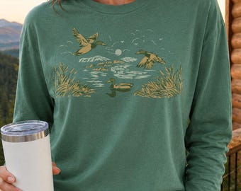 Hand Sketched Duck Hunting Comfort Colors® Long Sleeve Shirt, Retro Duck Hunting Season Tee, Vintage Duck Hunter Gift, Duck Hunting Apparel