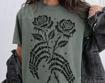 Boho Floral Roses Graphic Comfort Colors® Shirt, Cottagecore Dark Academia Halloween Skeleton Shirt, Botanical Music Concert Festival Tee