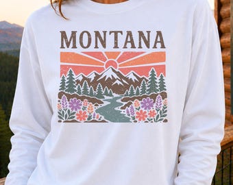 Montana Floral Graphic Comfort Colors® Long Sleeve Shirt, Retro Montana Graphic Shirt, Montana Family Vacation Shirts Gifts for Him and Her