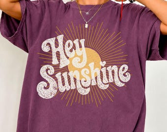 Comfort Colors® Hey Sunshine Distressed Graphic Shirt, Retro 70s Style Boho Concert Tee, Music Festival Concert Summer Shirt for Her