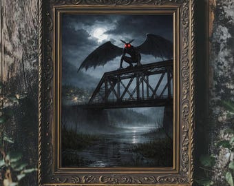 Mothman Bridge Poster, Vintage Spooky Wall Art, Cryptid Dark Wall Decor, Mothman Painting Style Art Poster, Cryptid Halloween Art Decor