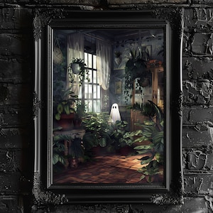 May include: A framed art print featuring a whimsical scene of a ghost in a sunlit room filled with lush plants. The artwork is set in a black ornate frame against a black brick wall, creating a gothic aesthetic.