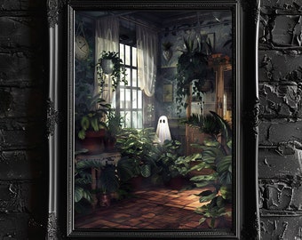 Ghost with Plants Art Poster, Vintage Wall Art, Dark Academia Gothic Wall Decor, Victorian Painting Style Art Gift, Spooky Halloween Art