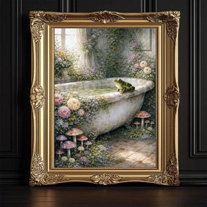 May include: A framed artwork depicts a vintage bathtub scene. The tub is overflowing with water and surrounded by flowers and mushrooms. A green frog sits on the edge. The ornate gold frame adds a touch of elegance to the whimsical scene.
