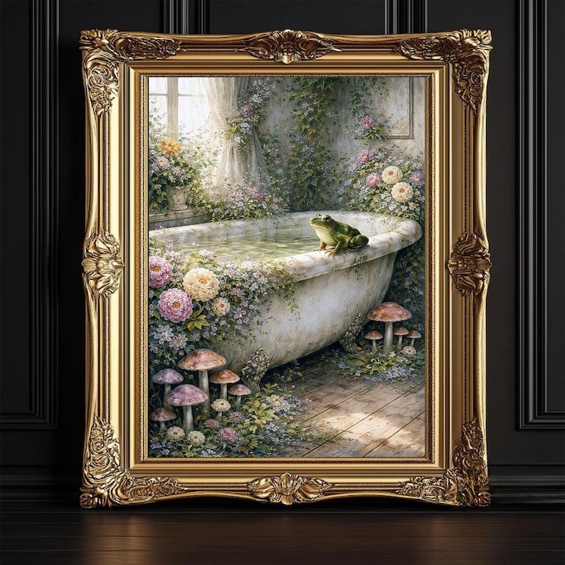 May include: A framed artwork depicts a vintage bathtub scene. The tub is overflowing with water and surrounded by flowers and mushrooms. A green frog sits on the edge. The ornate gold frame adds a touch of elegance to the whimsical scene.