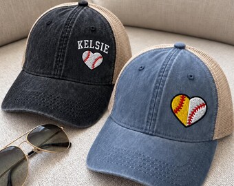 Women's Baseball Softball Heart Embroidered Sunwashed Mesh Back Hat, Baseball Softball Season Cap, Jersey Number Name, Baseball Mom Hat