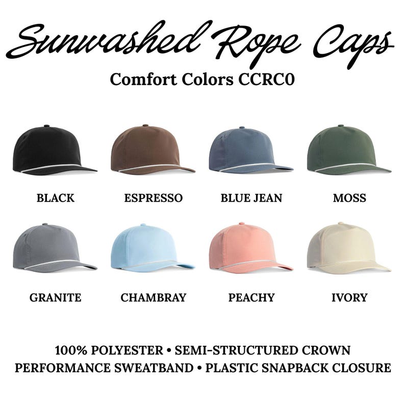 Op de afbeelding: Acht Sunwashed Rope Caps van Comfort Colors CCRC0 in zwart, espresso, blue jean, mos, graniet, chambray, perzik en ivoor. Elke pet heeft een semi-gestructureerde kroon, een wit touwdetail over de klep en een plastic snapback-sluiting.