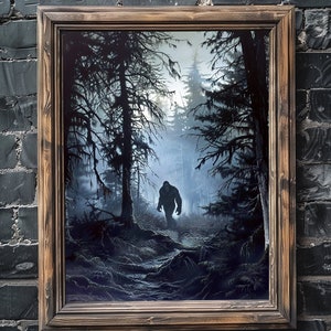 Bigfoot Wall Art Poster, Vintage Raven Wall Art, Spooky Cryptid Wall Decor, Victorian Painting Style Art Gift