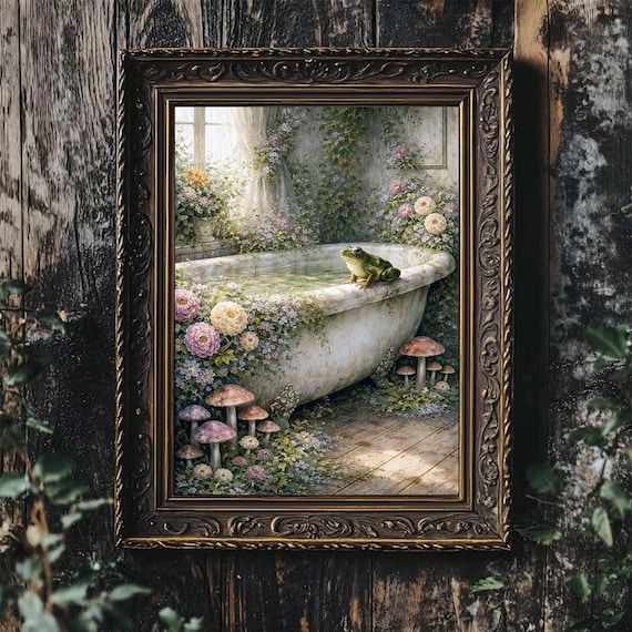 Whimsical Floral Tub Scene Poster, Cottagecore Botanical Wall Art, Wildflower Bathroom Decor, Moody Bathtub Scene, Forestcore Art Decor