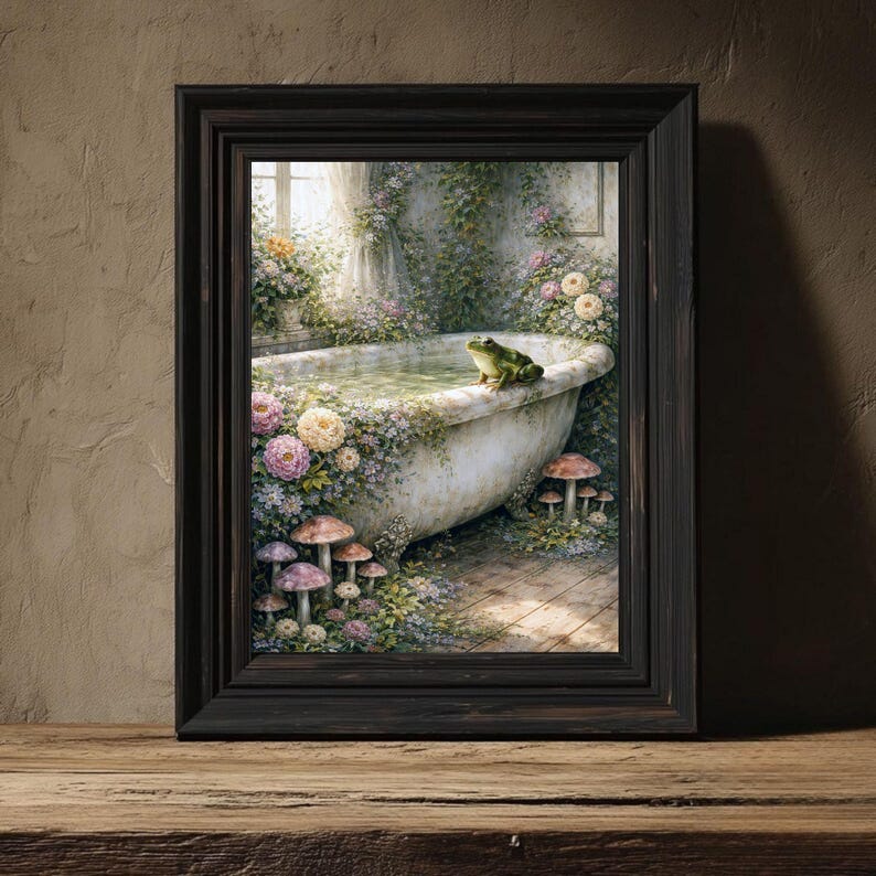 May include: A framed art print depicts a whimsical scene of a vintage bathtub filled with water, surrounded by flowers and mushrooms. A green frog sits on the edge of the tub. The artwork is framed in a dark wood frame and set against a rustic background.