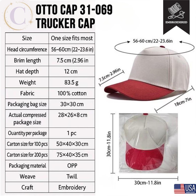 Może przedstawiać: Czapka typu trucker Otto Cap 31-069 z białą koroną i czerwonym daszkiem. Wykonana w 100% z bawełnianego twillu. Czapka ma 12 cm głębokości, daszek o długości 7,5 cm i jest przeznaczona na obw&oacute;d głowy w zakresie 56-60 cm.
