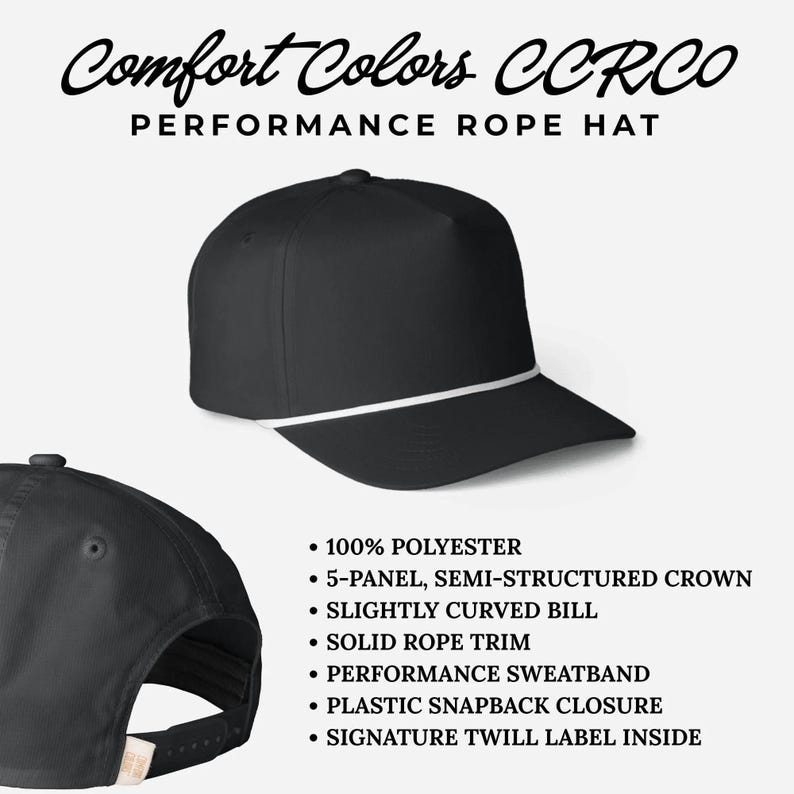 Op de afbeelding: Een zwarte 5-panel performance pet met een semi-gestructureerde kroon, een licht gebogen klep en een effen wit koord. De pet heeft een plastic snapback sluiting en een performance zweetband. Tekst: Comfort Colors CCRCO PERFORMANCE ROPE HAT.