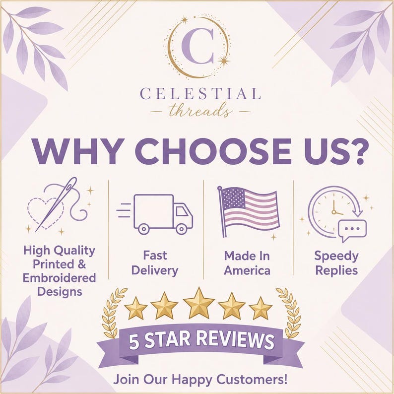 May include: A light purple and white informational graphic for Celestial Threads featuring the text WHY CHOOSE US? with icons for high quality designs, fast delivery, American manufacturing, and speedy replies, plus a 5 star reviews banner.