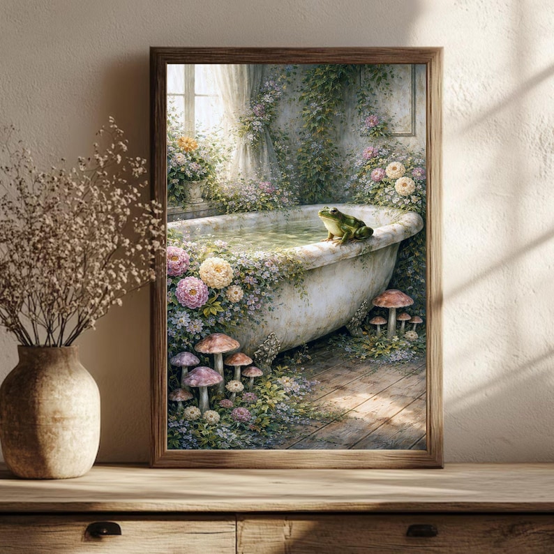 May include: A framed art print depicts a vintage bathtub scene. The tub is surrounded by flowers and greenery, with a green frog perched on the edge. The artwork has a whimsical, fairytale aesthetic, with mushrooms and a window in the background.