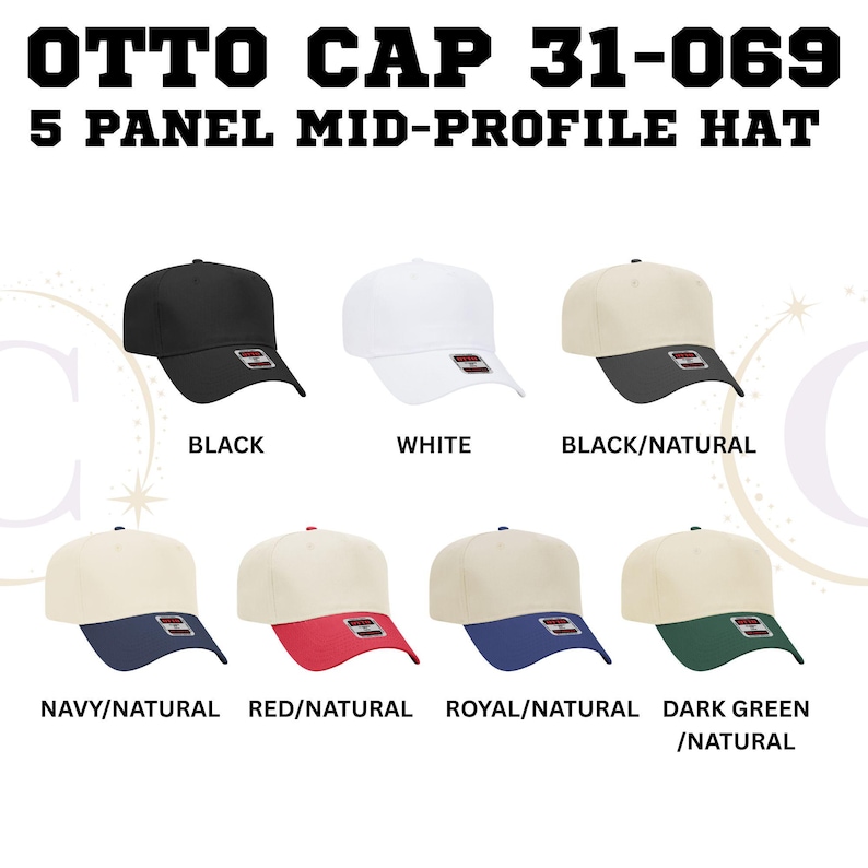 Op de afbeelding: Een display van Otto Cap 31-069, 5-paneel mid-profile petten in diverse kleuren. De petten zijn zwart, wit, zwart/naturel, marine/naturel, rood/naturel, koninklijk/naturel en donkergroen/naturel. Elke pet heeft een gebogen klep.
