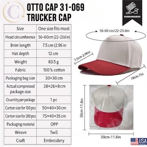 Op de afbeelding: Een rode en witte trucker cap met de tekst "OTTO CAP 31-069 TRUCKER CAP". De hoed heeft een kleplengte van 7,5 cm en een diepte van 12 cm. De hoofdomtrek is 56-60 cm. Gemaakt van 100% katoen.