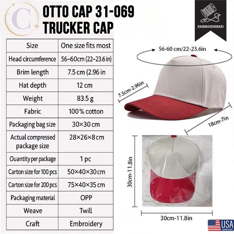 Op de afbeelding: Een rode en witte trucker cap met de tekst "OTTO CAP 31-069 TRUCKER CAP". De hoed heeft een kleplengte van 7,5 cm en een diepte van 12 cm. De hoofdomtrek is 56-60 cm. Gemaakt van 100% katoen.
