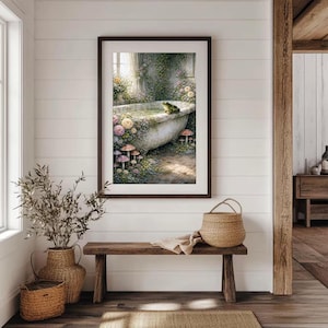 May include: A framed art print depicts a vintage bathtub scene. The tub is surrounded by flowers, mushrooms, and greenery, with a frog perched on the edge. The artwork is displayed above a wooden bench with a woven basket and a neutral-colored rug.