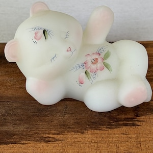 Fenton Hand Painted Floral White Satin Reclining Bear, Signed With Original Sticker