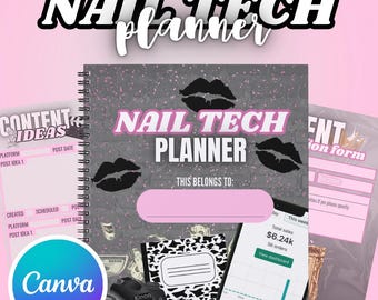 May include: A spiral-bound "NAIL TECH PLANNER" with a pink and gray cover, featuring black lip prints. The planner includes sections for content ideas, scheduling, and a "This Belongs To" section. Additional items include a notebook, a phone displaying sales data, and a camera.