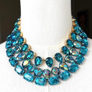 Anna Wintour style necklace, Turqoise Austrian crystal, Georgian paste aquamarine blue necklaces
