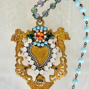 Sacred Heart and Cherub necklace embellished with crystals