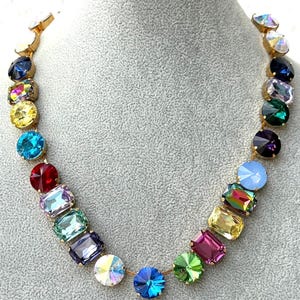 Anna Wintour style Swarovski crystal necklace, Rainbow tennis necklace, Colorful crystal collet