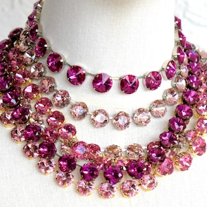 Anna Wintour style Swarovski crystal necklace, Austrian crystal Pink, Fuchsia, Ruby collet