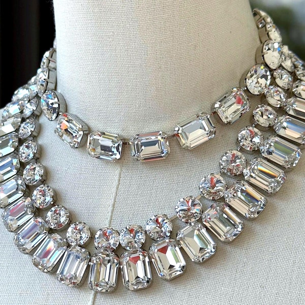 Anna Wintour style Austrian Crystal Clear Diamond like layering necklace, choker, crystal rivière