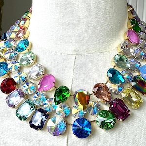 Anna Wintour style Austrian Crystal tennis necklace, colorful rainbow choker