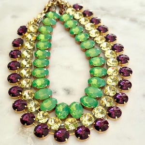 Anna Wintour style Austrian crystal necklace in Purple Amethyst, Yellow, Opal Green