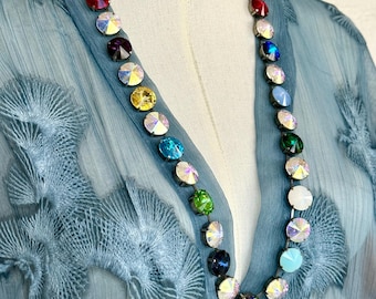 Anna Wintour style long tennis necklace,  Multicolor Austrian Crystal necklace