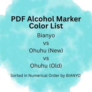 May include: A PDF document titled "PDF Alcohol Marker Color List" with text comparing Bianyo, Ohuhu (New), and Ohuhu (Old) markers. The text is set against a light blue watercolor background. The list is sorted numerically by Bianyo.