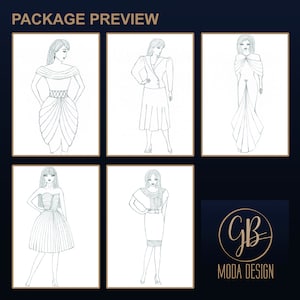 5 figure femminili di moda - Glamour - Fashion coloring page - Modella abito moda ~ Disegno Abito Donna ~ Schizzo di abbigliamento moda