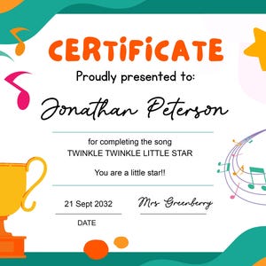 Kids fully editable music certificate