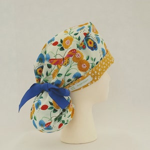 BrightCaps Surgical cap Ponytail cap Blue grosgrain ribbon Flowers and Butterflies