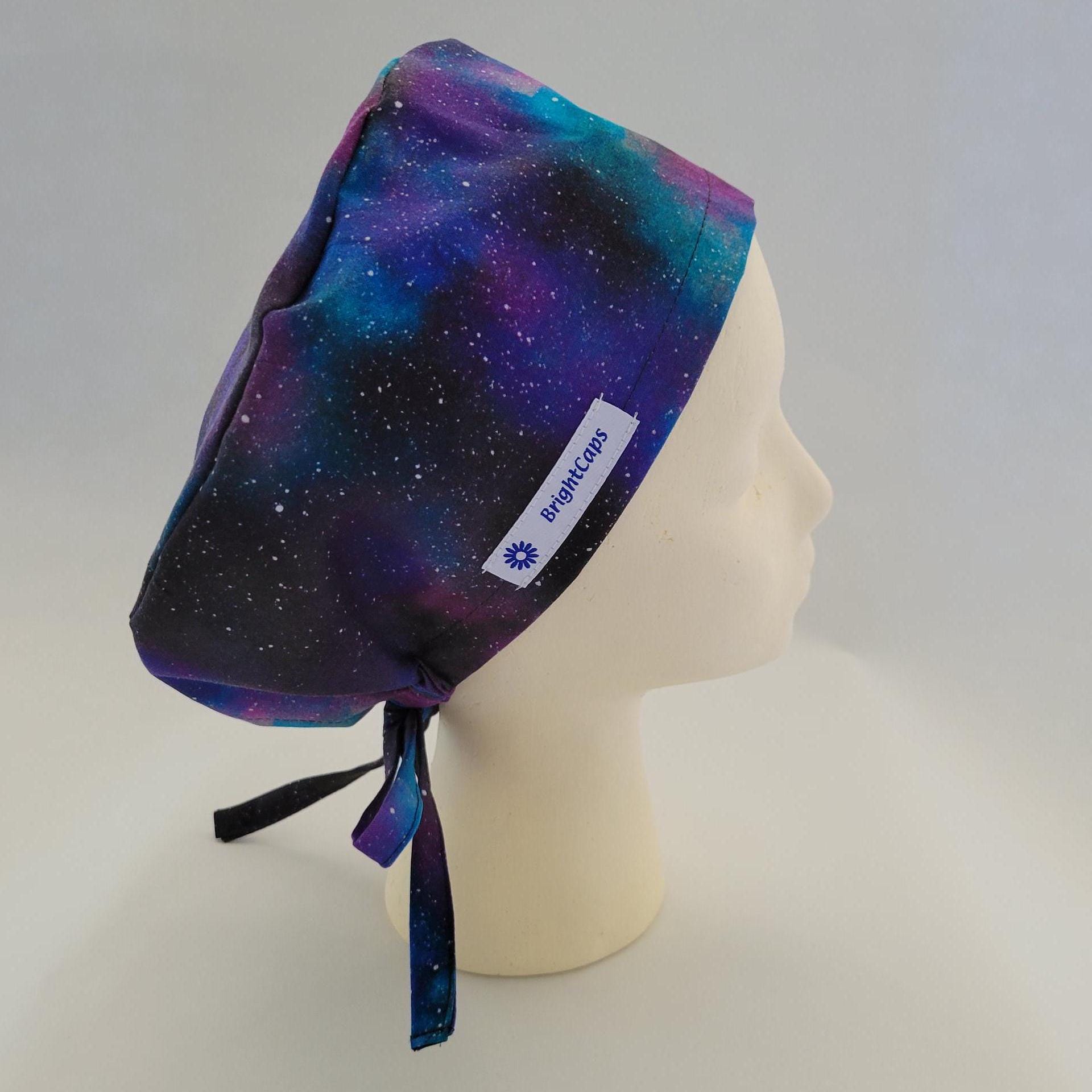Surgical Hat by BrightCaps Scrub Tie Cap Black Blue Purple with Stars