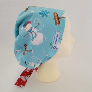 Scrub Hat by BrightCaps Reversible Surgical Scrub Cap Blue with Snowmen Contrasting Red with White Christmas trees