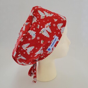 Scrub Hat by BrightCaps Surgical Tieback Red with White Christmas Trees and Gifts