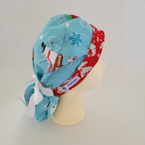 Scrub Hat by BrightCaps Surgical hat Ponytail Scrub Cap Blue Christmas Snowman with Contrasting Red with White Christmas Trees