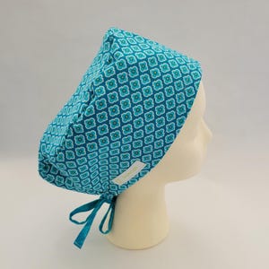 BrightCaps Surgical Tie Back Hat, Blue Tuquoise Geometric With Contrasting Ties