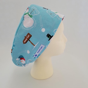 Scrub Hat by BrightCaps Euro Surgical Cap Blue with Snowmen Constrasting Red with Christmas Trees and Gifts