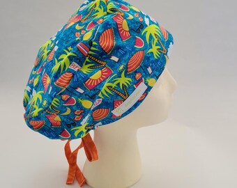 Tie back surgical hat by BrightCaps, Multi-Color beach fun, Orange contrasting ties.