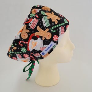 Scrub Hat by BrightCaps Surgical Tieback Black with Santa Gingerbread Candy with Contrasting Green Christmas lights Ties