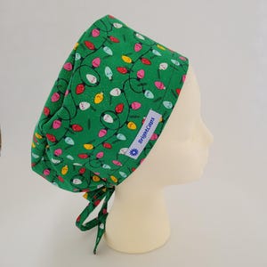 Scrub Hat by BrightCaps Surgical Tie back Green with Christmas lights