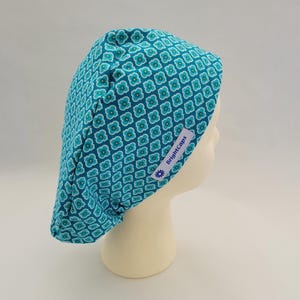 BrightCaps Euro Surgical Hat, Blue Turquoise Geometric Shapes, with Contrasting Lining