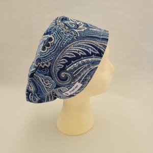 European Surgical Hat by BrightCaps, Blue and White Paisley with Contrasting Lining