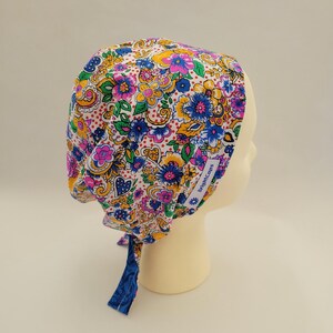 Traditional European Surgical Hat by BrightCaps, Bright Pink Floral and Hearts with Reversible Blue Swirl Lining