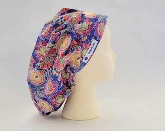 BrightCaps Surgical Hat, traditional bouffant Cap, Purple with Floral Print, Matching Headband